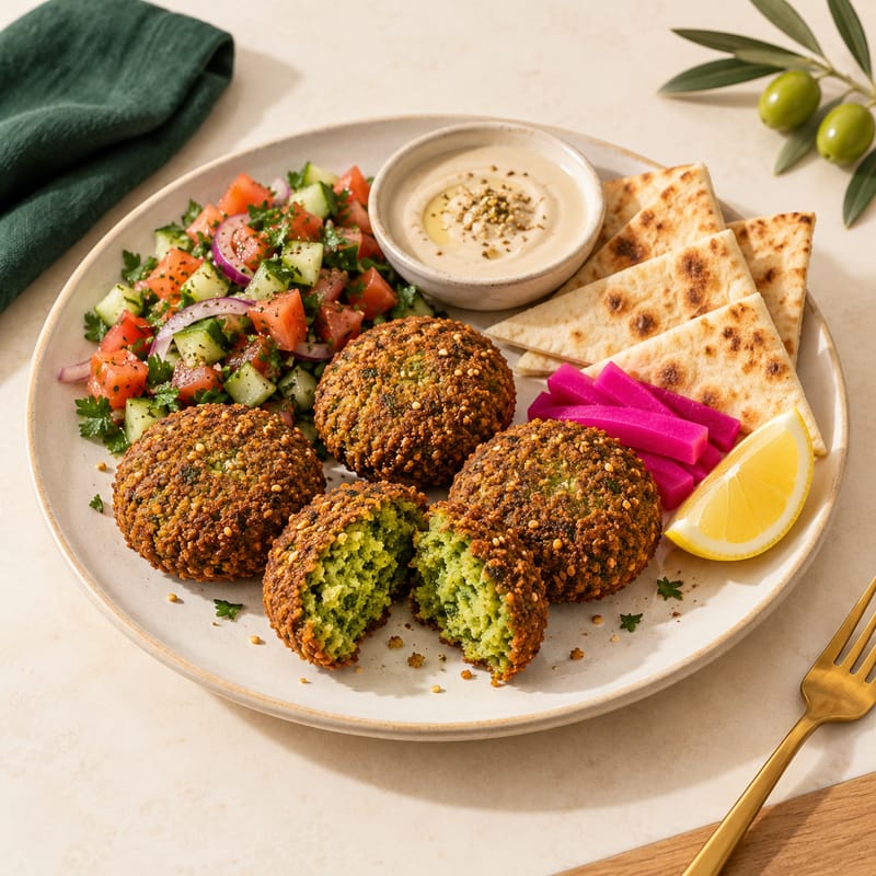 Falafel with salad, pickles, tahini and pita