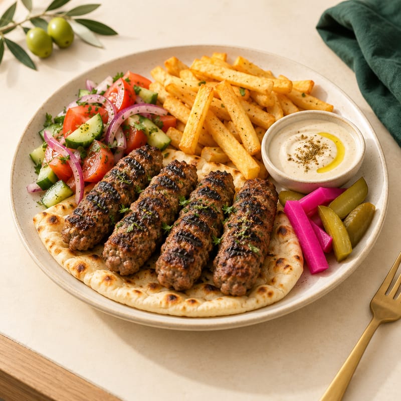 Grilled lamb kofta with fries, salad, pickles and tahini